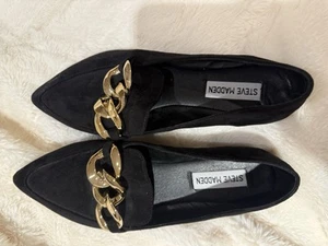 Steve Madden Black Suede Gold Chain Flat Loafers Slip On Women’s Size 8 - Picture 1 of 6