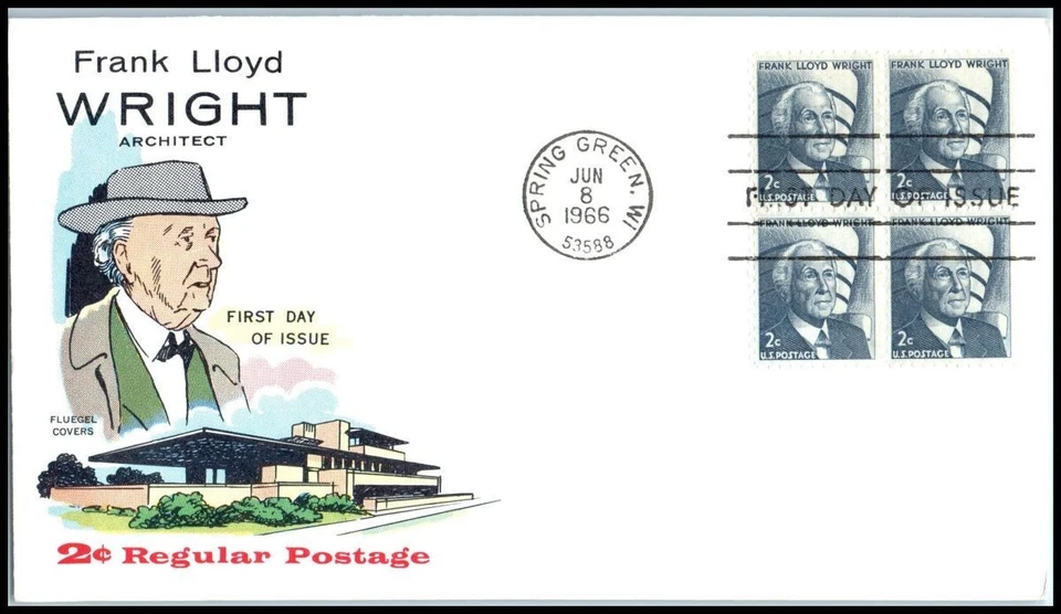 1966 Frank Lloyd Wright architect 2c Sc 1280 FDC with classic Fluegel cachet UA - Image 1 of 1