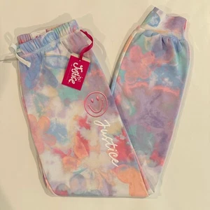 Justice Multi Flower/Smiley Fleece Jogger Sweatpants Pant Girls L 12-14 NWT NEW - Picture 1 of 9