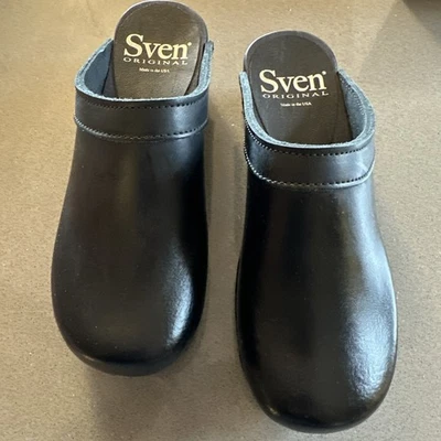 Zuecos Sven 37 Hechos en EE. UU. Informales de Madera Clásicos Mujeres Cuero Negro Nuevos con Caja Foto 1 de 4