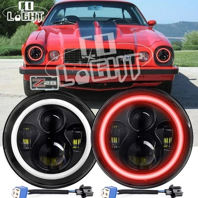 Pair 7" inch Round LED Headlight Red Halo Fit Chevy 1967-1981 Camaro 75-1980 C10 - Image 1 of 4