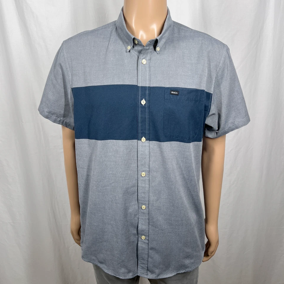 RVCA Men's XL Gray Navy Blue Colorblock Slim Fit Short Sleeve Button-Up Shirt - Image 1 of 4