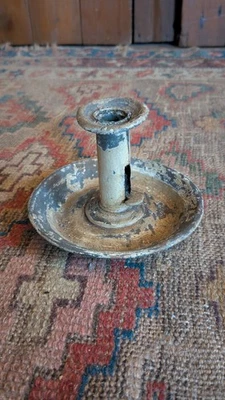Antique Early Primitive Metal Tin Pushup Candleholder Orig Yellow Paint 5.5" - Image 1 of 4