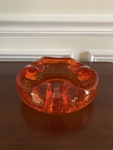 Viking Glass Persimmon Orange Crackle Glass Rolled Rim Ashtray Vintage - Picture 1 of 5
