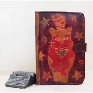 Cat Tooled Leather Organizer Cover/ 90s Laurel Burch Style Day Planner - Picture 1 of 10