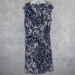 Lauren Ralph Lauren Womens Dress Navy Blue Surplice Faux Wrap Midi Dress Size 14 - Picture 1 of 9