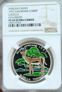 1997 SAHARAWI SILVER 1000 PESETAS GAZELLE NGC PF 69 ULTRA CAMEO SCARCE TOP POP - Picture 1 of 4