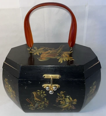 Vintage Black Lacquer Wooden Purse Handbag Birds 3D Decoupage Bakelite Handle - Image 1 of 4