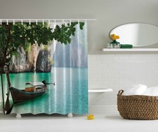 Tropical Lake Scene Shower Curtain Mountains Tree Leaves Boat Bath Decor