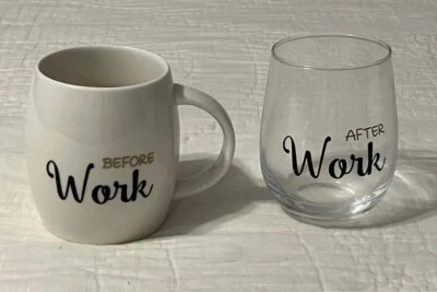 Taza de café + Juego de copas de vino sin tallo - Antes del trabajo / Después del trabajo - Idea de regalo nuevo en caja Foto 1 de 4