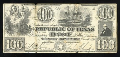 Texas 1836 1936 Centennial Expo Souvenir Republic of Texas $100 Facsimile Note - Image 1 of 2