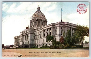 Postcard St Paul MN State Capitol Bldg Wagner Motor Cycles RFD Advertising c1909 - Picture 1 of 2