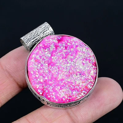 Pink Titanium Druzy 925 Silver Plated Handmade Pendant of 1.66" - Image 1 of 3
