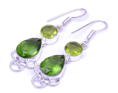 Simulated Peridot Quartz Gemstone Silver Plated Jewelry Earring 1.5 F315 - Image 1 of 4