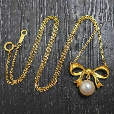 MIKIMOTO K18YG Yellow Gold Pearl Ribbon Charm Necklace Pendant #938c Rise-on - Image 1 of 4