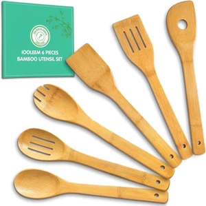 IOOLEEM Bamboo Wooden Spoons for Cooking 6 Pcs 12Inch,Non-Stick Wooden Kitchen U - Picture 1 of 12