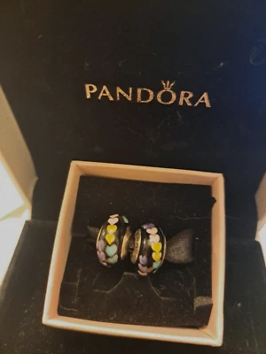Pandora sterling silver Murano glass beads x2 retired black, rainbow hearts 925 - Image 1 of 4