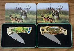 2 Wildlife Buck Deer Lockback Knives w/Collectible Tins - Stainless Steel Blades - Picture 1 of 8