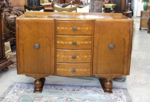 English Antique Art Deco Inlaid Oak Sideboard Buffet Bar Cabinet Compact - Picture 1 of 17