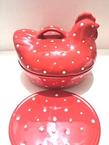 Vtg Temp-Tations by Tara 2qt. Red Rooster Polka Dot Casserole dish w/trivet Oven - Picture 1 of 11
