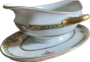 Cecil Bohemia Checoslovaquia Gravy Boat con placa adjunta y detalles dorados. - Imagen 1 de 9