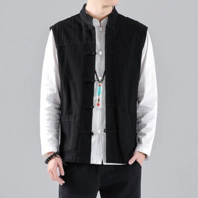 Men Linen Cotton Kung Fu Shirt Frog Button Sleeveless Wing Chun Waistcoat Top - Image 1 of 4