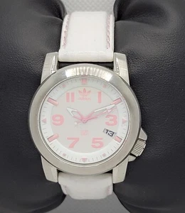 Ladies Adidas Silver Tone Pink Numerals White Leather Strap Watch ADH1285 I3 - Picture 1 of 10