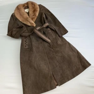 Genuine mink Fur Cow suede Long leather Coat Women trench vintage Full length - Picture 1 of 14