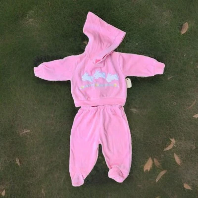 Traje de sudor rosa vintage Le Top para bebés niñas pies conejitos con capucha primavera 9 meses Foto 1 de 4