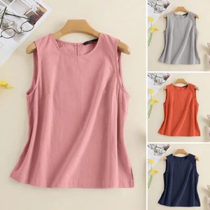 Women Linen Cotton Tank Top Summer Casual Loose Solid Shirt Sleeveless Vest Tee - Picture 1 of 16