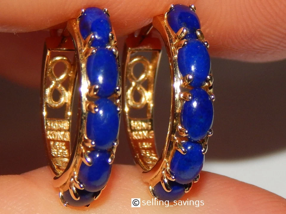 14K YELLOW GOLD 2.50 TCW CABOCHON LAPIS 8/10th INCH LEVERBACK HOOP EARRINGS - Image 1 of 4