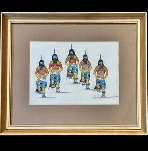 Rodger Tsab Native American Hopi Dancers Watercolor Painting Matted/Framed 22.5” - Picture 1 of 9