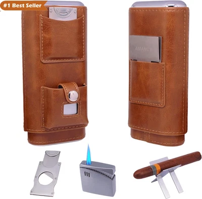 Elegant Brown Leather Travel Cigar Case Humidor, 3 Acessories Pocket with Cigar - Image 1 of 4