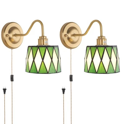 Plug in Wall Sconces Set of 2, Vintage Wall Lamps with Green Checker Sconce, ... - Image 1 of 4