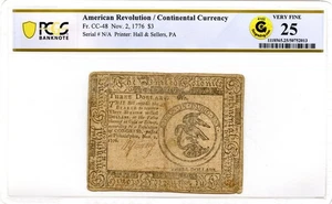 Continental Currency Fr#CC-48 November 2, 1776 $3 PCGS VF-25 GCC Gold - Picture 1 of 3