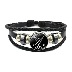 Sigil of Satan 666 Bracelet Occult Satanic Devil Symbol Leather Cuff Jewellery - Picture 1 of 12