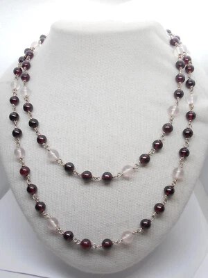 Collana in Argento 925 con Granato e Quarzo Rosa Naturali- Girocollo Pietra Dura - Immagine 1 di 4