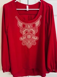 Xhilaration 100% Poliéster Rojo con Hermoso Estampado Mujer’s Top Grande Manga Larga - Imagen 1 de 6