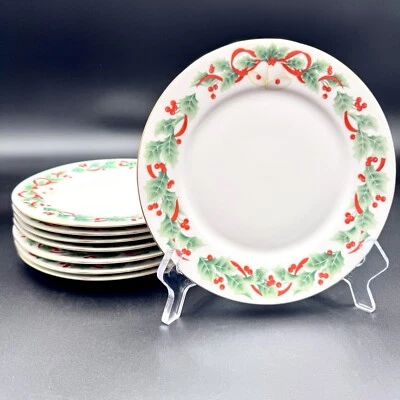 Sango NOEL Holly & Bells 7 1/2" Salad Plates #8401 SET/8 Christmas Vintage 1990 - Image 1 of 4