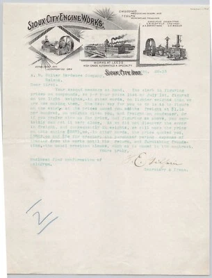 1893 Sioux City Engine Works Iowa Illustrated motor automático membrete BH2-83 Foto 1 de 2