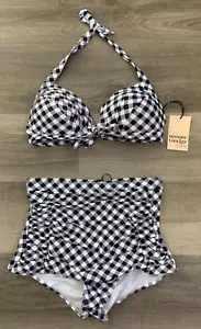 Unique Vintage Black & White Gingham Monroe High Waist Swim Suit 2-Piece, Large - Picture 1 of 10