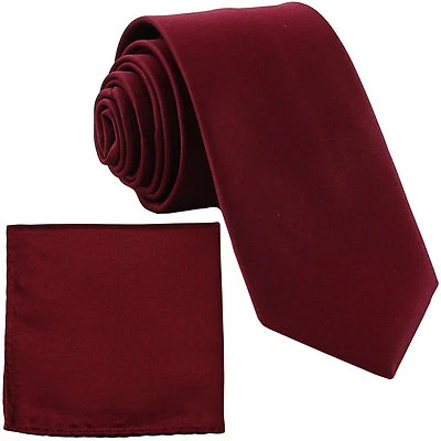 New Polyester Men's 2.5" skinny Neck Tie & hankie solid formal wedding burgundy - Image 1 of 3