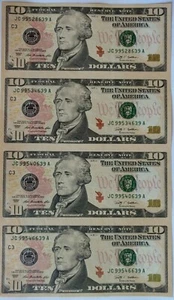 UNCUT $10 SHEET OF 4 FEDERAL RESERVE NOTES 2009 SET UNCIRCULATED CRISP BILLS. - Picture 1 of 10