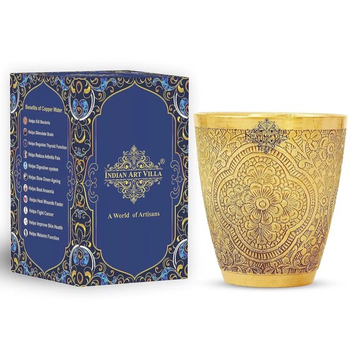 Brass Glass Tumbler  Floral Engraved Design  280 ML  Drinking and Serving Water