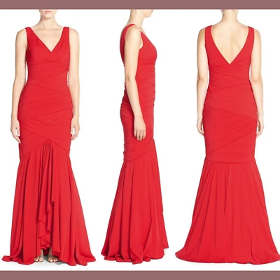 NWT JS Collections [ 6 ] V-Neck Banded Stretch Trumpet Gown in Red #N225 - Image 1 of 4