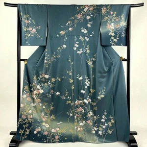 Japanese kimono"HOUMONGI" SILK,Branch flowers,Gld leaf,Blur,Gray-blue,L5'5".4484 - Bild 1 von 14