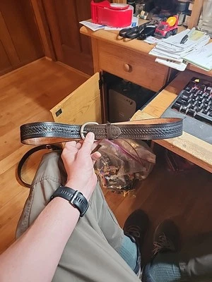 Vtg. Black Tooled Leather Basketweave Pattern Belt - Cowboy Legends CL693 Sz 34 - Image 1 of 4