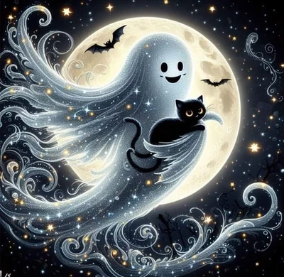 Ghost and Black Cat Diamond Art Painting Kits for Adults-Round Full Drill Diamon - Image 1 of 4