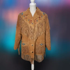 Abrigo chaqueta de cuero de suade nativo con flecos marrón tostado XL vintage para mujer Lew Magram - Imagen 1 de 10
