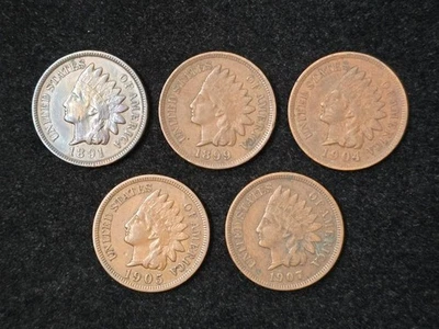 1891, 1899, 1904, 1905 & 1907 Indian Head Cents Very Fine NICE! - Image 1 of 2